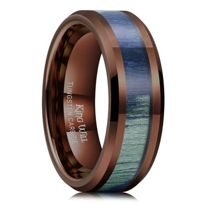 King Will Tungsten Wedding Band Wood Inlay for Men Black Beveled Edge | Black, 8mm, Beveled Edge, Comfort Fit, Wood inlay, Promise Gift - color: Colorful Wood Chips-Brown