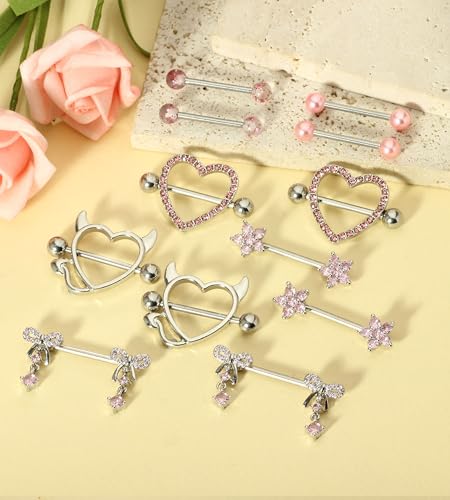 TIANCI FBYJS 6 Pairs 14G Nipple Rings for Women 316L Stainless Steel Heart Bow CZ Flower Barbell Nipple Rings Set Cute Nipplerings Piercing Jewelry - color: pink