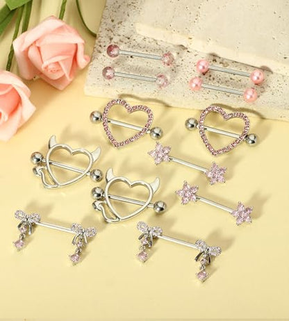 TIANCI FBYJS 6 Pairs 14G Nipple Rings for Women 316L Stainless Steel Heart Bow CZ Flower Barbell Nipple Rings Set Cute Nipplerings Piercing Jewelry - color: pink