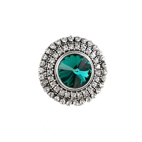 Jumwrit Vintage Knuckle Ring - Silver Rhinestone Big Round Adjustable Finger Ring for Women and Girls - color: Green