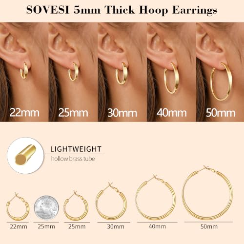 sovesi Flat Edge Chunky Hoop Earrings for Women 14k Gold Plated, 5mm Thick Hoops, Lightweight Hypoallergenic Hoop Earrings - color: Gold 30mm