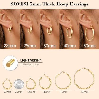 sovesi Flat Edge Chunky Hoop Earrings for Women 14k Gold Plated, 5mm Thick Hoops, Lightweight Hypoallergenic Hoop Earrings - color: Gold 25mm