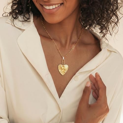 Tredny Heart Initial Necklace - 14K Gold Plated Zirconia Letter A-Z Necklaces for Women, Dainty Initial Heart Charm, Womens Gold Jewelry Personalized Anniversary Birthday Gifts - color: M