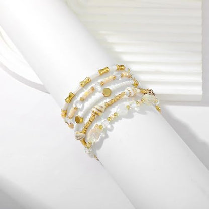 Dainty Gold Plated Pearl Crystal Beaded Bracelets Set for Women 14K Gold Plated Bead Pearl Beads Bracelet Stackable Paperclip Link Chain Bracelets Gold Plated Bracelets for Women Trendy Jewelry - color: Style6 White