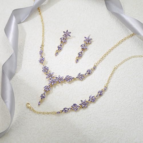 EVER FAITH Crystal Flower Wedding Prom Jewelry Set for Bride Bridesmaid | Rhinestone Costume Party Y-Shaped Necklace Dangle Earrings Bracelet, for Women - color: Light Purple Gold-Tone