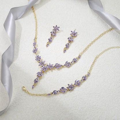 EVER FAITH Crystal Flower Wedding Prom Jewelry Set for Bride Bridesmaid | Rhinestone Costume Party Y-Shaped Necklace Dangle Earrings Bracelet, for Women - color: Light Purple Gold-Tone