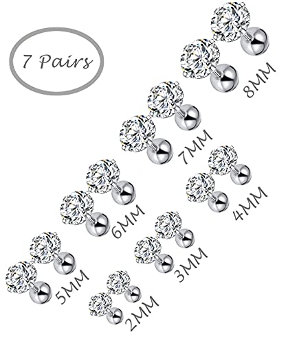 7 Pairs 18G 20G Stainless Steel Stud Earrings Round Cubic Zirconia Barbell Earring Set For Men Women 2MM-8MM Silver Tone - style: C:7 Pairs,Ball Backs,20G