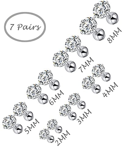 7 Pairs 18G 20G Stainless Steel Stud Earrings Round Cubic Zirconia Barbell Earring Set For Men Women 2MM-8MM Silver Tone - style: C:7 Pairs,Ball Backs,20G
