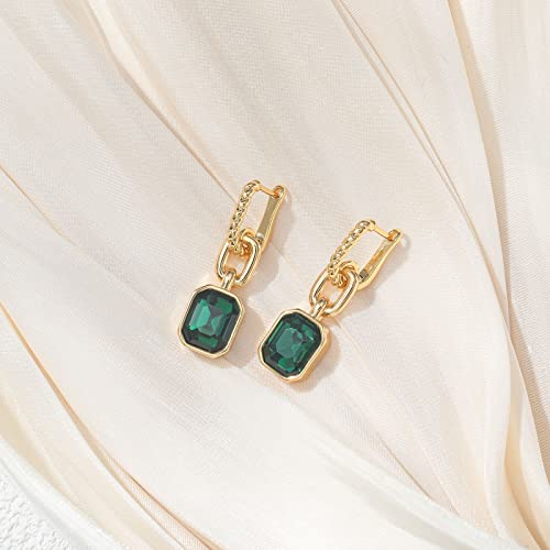 Birthstone Crystal Dangle Drop Earrings, 18K Gold Plated Huggie HoopEarring | Hypoallergenic Earring Jewelry Gifts for Women, Birthdays, anniversaries, weddings - color: Green-1