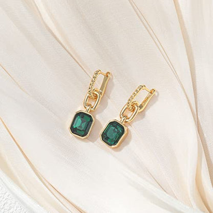 Birthstone Crystal Dangle Drop Earrings, 18K Gold Plated Huggie HoopEarring | Hypoallergenic Earring Jewelry Gifts for Women, Birthdays, anniversaries, weddings - color: Green-1