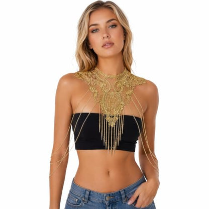 Gold Shoulder Jewelry for Women Fine Chain Body Necklace with Flower Lace Design Sexy Cape Style Accessory for Bikini Dress Showgirl Moroccan Outfit and Festival Wear