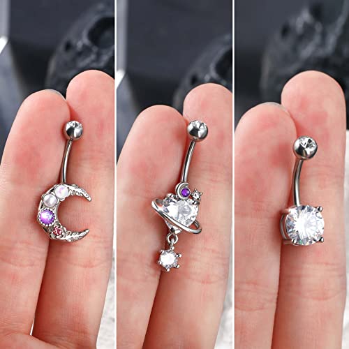 Jewseen 3PCS Belly Button Ring Dangle Surgical Steel Zircon Opal Moon Star Planet Space Design Navel Ring 14G Curved Barbell Fashion Piercing Jewelry - color: moon