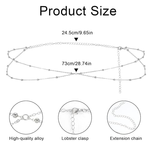 Waist Chain, Layered Silver Belly Chain with Satellite Beads Adjustable Silver Body Chains for Women Waterproof Belly Necklace for Summer Beach Jewelry Gifts for Women