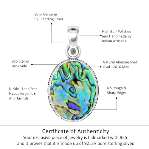 Chunky Natural Gemstone Pendant Necklace For Women Onyx, Turquoise, Amber, Garnet Oval Boho Genuine 925 Sterling Silver Handmade Jewelry - color: Abalone Shell