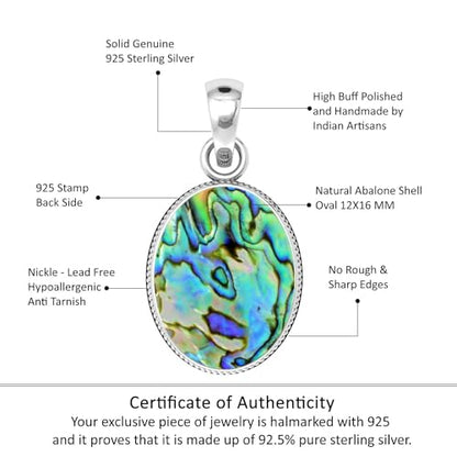 Chunky Natural Gemstone Pendant Necklace For Women Onyx, Turquoise, Amber, Garnet Oval Boho Genuine 925 Sterling Silver Handmade Jewelry - color: Abalone Shell