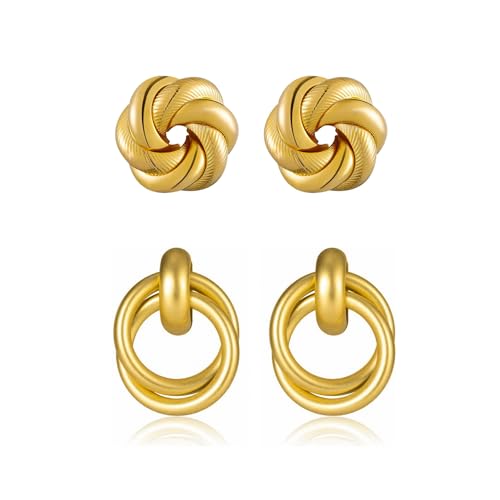 2 Pairs Gold/Silver Hoop Earrings For Women Set Trendy,14K Plated Gold Chunky Huggie Hoop Earings Pack,Oval Twisted Statement Silver Hoops,Fashion Jewelry Gift - color: 12) matte flower stud