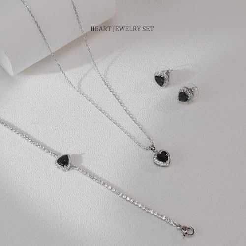 Cubic Zirconia LOVE Heart Jewelry Set Earrings Necklace Bracelet Set for Women Prom Wedding Party Anniversary Birthday - color: black