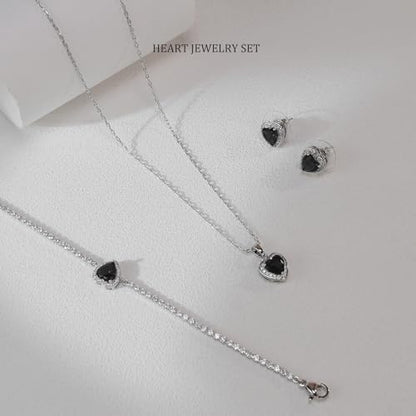 Cubic Zirconia LOVE Heart Jewelry Set Earrings Necklace Bracelet Set for Women Prom Wedding Party Anniversary Birthday - color: black