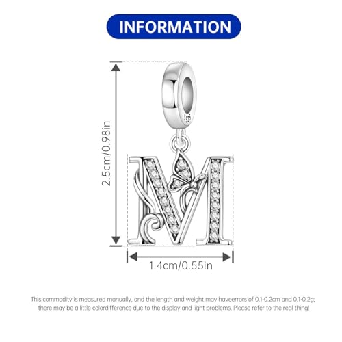 2 Pack 925 Sterling Silver Butterfly Letter Charms for Bracelets and Necklace Alphabet Initial Dangle Pendants Round Spacer Beads Pave Cubic Zirconia Jewelry Gift for Women - color: M Set