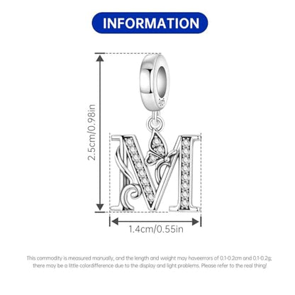 2 Pack 925 Sterling Silver Butterfly Letter Charms for Bracelets and Necklace Alphabet Initial Dangle Pendants Round Spacer Beads Pave Cubic Zirconia Jewelry Gift for Women - color: M Set