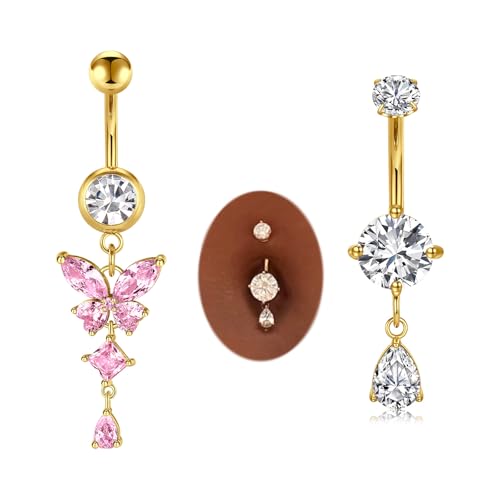 MODRSA Gold Belly Button Ring Dangle Belly Rings Silver Pink Dangling Dangly Belly Button Piercing Hypoallergenic Surgical Steel Opal Butterfly Navel Rings for Women Cute Dainty Navel Jewelry - color: A1- dangle 2pcs - gold pink