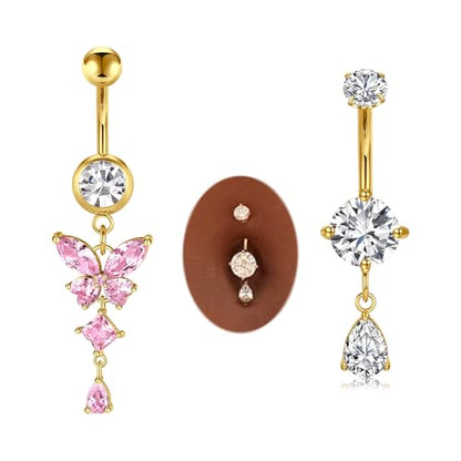 MODRSA Gold Belly Button Ring Dangle Belly Rings Silver Pink Dangling Dangly Belly Button Piercing Hypoallergenic Surgical Steel Opal Butterfly Navel Rings for Women Cute Dainty Navel Jewelry - color: A1- dangle 2pcs - gold pink