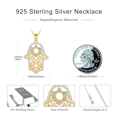 Hamsa Necklace 925 Sterling Silver Evil Eye/Lotus Flower/Star of David/Chai/Yin Yang Hamsa Hand Pendant Jewelry Hand of Fatima Gifts for Women - style: Star of David-Gold