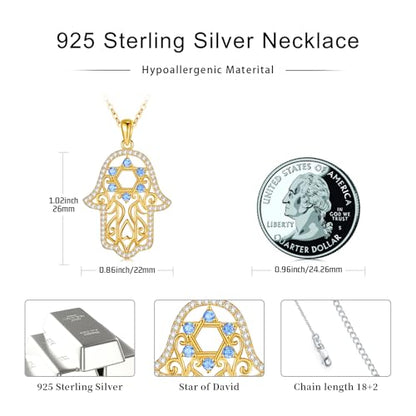 Hamsa Necklace 925 Sterling Silver Evil Eye/Lotus Flower/Star of David/Chai/Yin Yang Hamsa Hand Pendant Jewelry Hand of Fatima Gifts for Women - style: Star of David-Gold