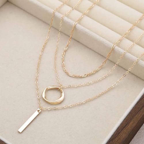 Vintage Layered Bar Pendant Necklace Hollow Circle Choker Necklace Gold Vertical Bar Necklaces Multilayer Chain Necklaces Jewelry for Women