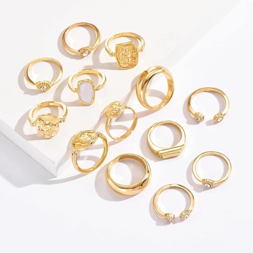 HUASAI Gold Stackable Rings Set for Women Boho Dainty Moon Star Pearl Leaf Cubic Zirconia Heart Midi Pinky Trendy Jewelry Birthday Gifts - color: F Gold 13 Pcs