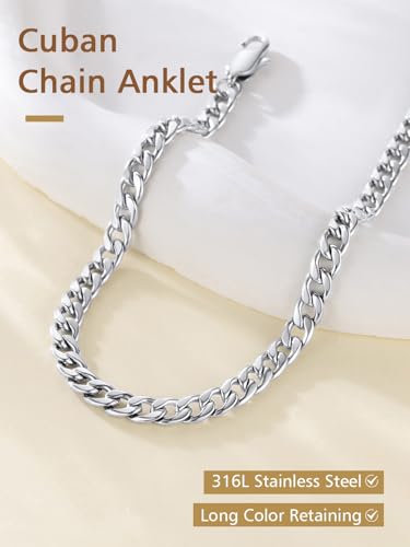 FindChic Stainless Steel Ankle Bracelets for Women, Waterproof Figaro/Cuban/Box/Beaded Chain Anklets, Summer Beach Foot Jewelry, 8.5''-10.5'' Adjustable Length, with Gift Box - style: Cuban Chain-Silver
