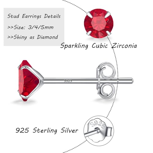MASOP VOGU 3-5mm Sterling Silver Stud Earrings Set 14K White Gold Plated Hypoallergenic Tiny Round Cut CZ Cubic Zirconia Simulated Diamond Cartilage Studs for Women Men - color: E#Silver-3Pairs(3/4/5mm)-Red CZ