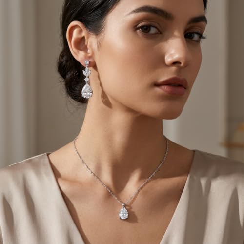 Teardrop Wedding Jewelry Set for Women, Silver Necklace and Earrings Set, Cubic Zirconia Bridal Jewelry for Bride Bridesmaid Prom Party