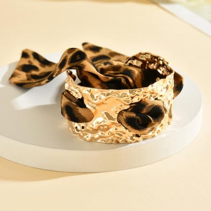 Chunky Gold Hammered Bracelets for Women, Leopard Print Scarf Big Golden Stainless Steel Cuff Bangle Silk Styling Charm Stackable Statement Jewelry Gifts - color: Medium -3.5cm
