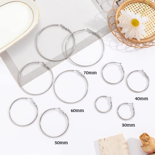 Senteria Large Gold Plated Hoop Earrings for Women Lightweight 316L Stainless Steel Hoop Earrings Set Hypoallergenic Thin Gold Plated Hoop Earrings for Women (30/40/50/60/70MM) 5 Pairs - color: 5pairs(30/40/50/60/70mm)-silver