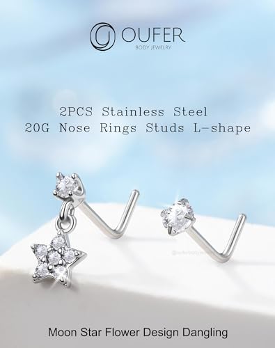 OUFER 2PCS Stainless Steel Nose Rings, Moon Star Butterfly Design 20G Nostril Dangle Piercing Jewelry - 7MM - style: Flower