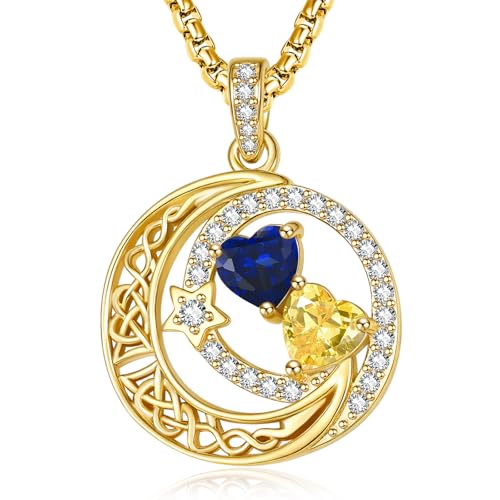 14K Gold Moon and Star Double Birthstone Necklace Gifts for Women | 2 Heart Birthstone Necklace,Mothers Day Wedding Anniversary Birthday Gifts for Wife Mom Daughter Grandma Sister - color: 09-11-Sept-Nov Birthstone
