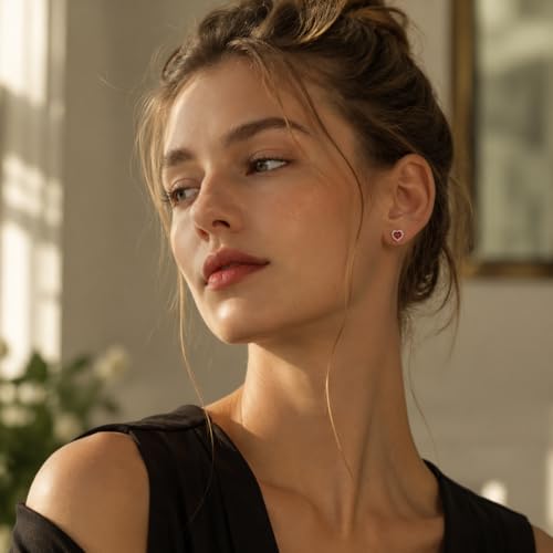 CoBi Halo Stud Earrings for Women, Cubic Zirconia Earrings, Birthstone Heart Earrings Simulated Diamond Valentine's Day - color: Red