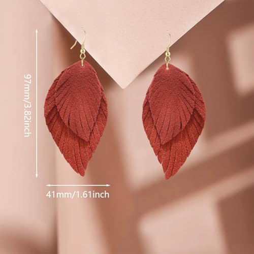 Genuine Leather Handmade Fringe Feather Lightweight Dangle Drop Earrings Teardrop Tassel Hook Earrings for Women - style: 12 Deep Orange