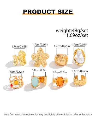 Chunky Gold Shell Starfish Ring Set for Women Trendy Gold Flower Scallop Seashell Starfish Gemstone Rings Adjustable Stacking Statement R-ings Non Tarnish Spring Summer Jewelry Accessories - color: B1:8 pcs