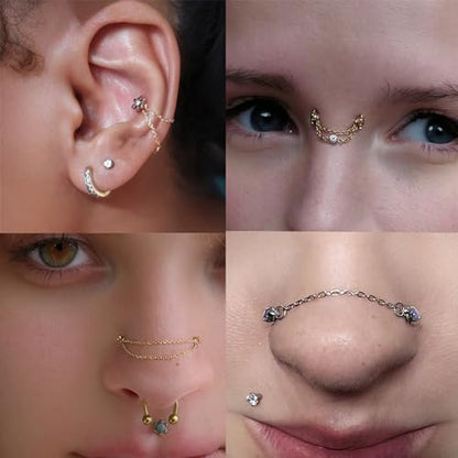 20G Nose Rings Studs with Chain Piercing Across Double Nose Stud Nose Hoop Spike Heart Ball CZ Surgical Steel Nostril Piercing Jewelry for Women Men, Black Silver Gold - color: SR-L