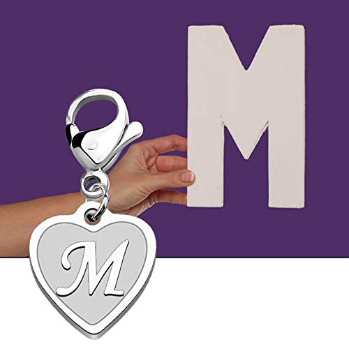 FAADBUK Initial Letter A-Z Alphabet Heart Charms for Jewelry Bracelet Keychain Necklace Initial Stainless steel Clasp Clip on Charm - color: intial M