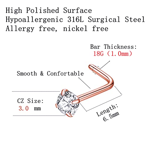 316L Surgical Steel 22g/20g/18g Nose Rings Studs L-Shape Nose Nostrial Piercing Body Jewerly L Shaped Nose Studs 1.5mm 2mm 2.5mm 3mm CZ Nose Screw Studs Rings for Women - style: 6pcs/L-shape/18g/3.0mm Clear CZ/Rose Gold