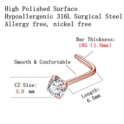 316L Surgical Steel 22g/20g/18g Nose Rings Studs L-Shape Nose Nostrial Piercing Body Jewerly L Shaped Nose Studs 1.5mm 2mm 2.5mm 3mm CZ Nose Screw Studs Rings for Women - style: 6pcs/L-shape/18g/3.0mm Clear CZ/Rose Gold