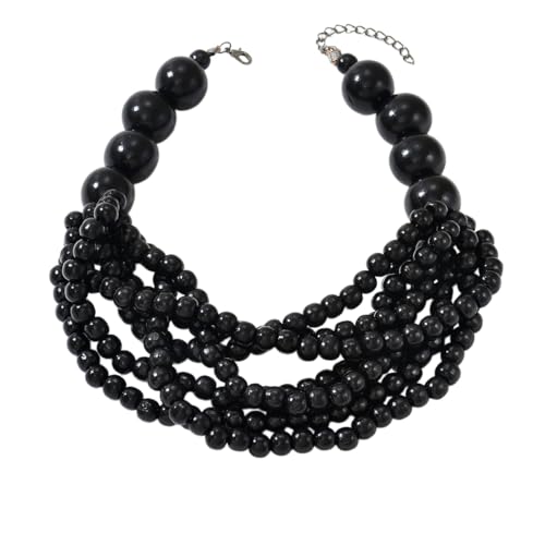 Handmade Layered Wood Bead Necklace for Women - Chunky African Statement Necklace, Natural Khaki Beaded Jewelry, Hypoallergenic & Skin-Safe for Sensitive Skin, Boho Rainbow Inspired Chunky Collar Necklace - color: Black