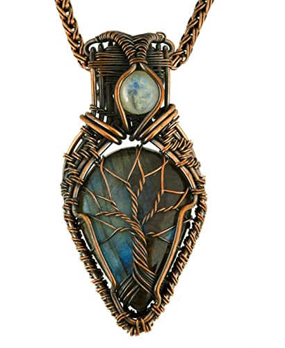 Tree of Life Labradorite & Rainbow Moonstone Gemstone Pendant - Copper Wire Wrapped Jewelry - 20" Natural Labradorite Necklace | Gifts for Women
