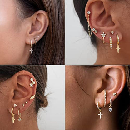 DAILY VIBES Cute Gold Mini Dangle Huggie Hoop Earrings for Women Trendy | 14K Gold Plated, Dainty Cubic Zirconia, Small Hoop Earrings with Charm Drop, Jewelry Gift for Women Ladies - color: Cross CZ