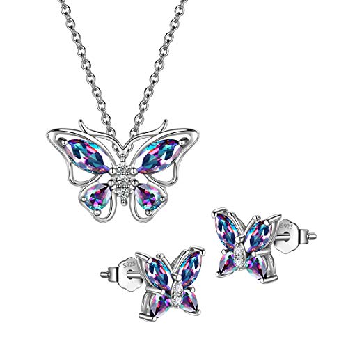925 Sterling Silver Birthstone Butterfly Jewelry Women Crystal Animal Cute Butterflies Birthday Necklace/Earring/Ring/Bracelet Sets Birth Stone Statement Anniversary Jewellery - color: 1-M.Mysitc-Rainbow-Topaz