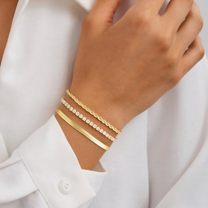 Turandoss Gold Bracelets for Women - Dainty 14K Gold Plated Tennis Bracelet | Stackable Cross Beaded Set, Twisted Rope Chain, Snake Paperclip Chain, Knot Cuff Bracelets for Women, Jewelry Gifts - color: Snake Tennis Set