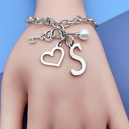 Initial A-Z Bracelets Gift for Women Girls Stainless Steel Chain Bracelet 26 Alphabet Jewelry Gifts for Birthday Anniversary Letter Bracelet Monogram Gifts for Sister Friend Girlfriends Mom 8.26 Inch - color: S